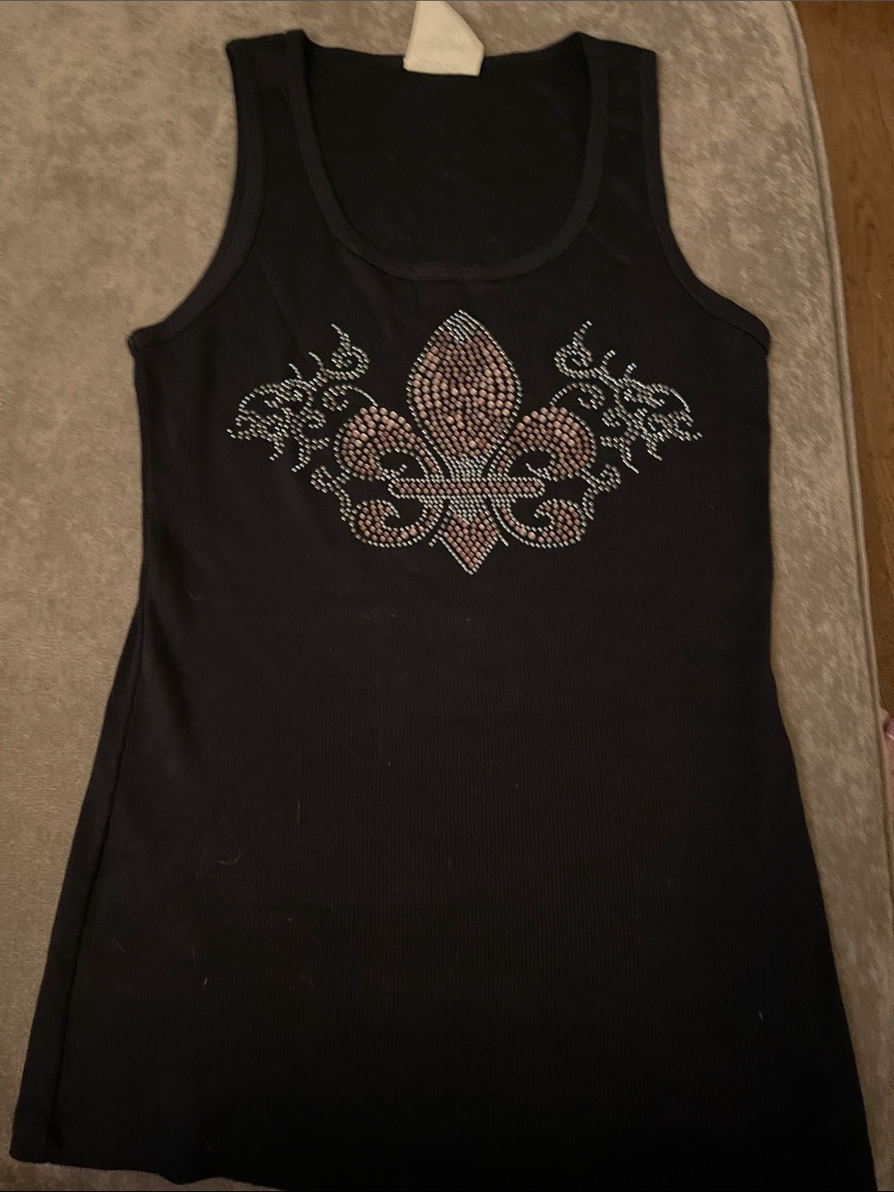 Vocal Black Tank Top with Rhinestone Fleur Design